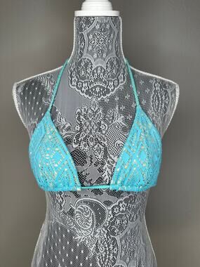 LULI FAMA Crochet Geometric Lace Overlay Blue Gold Braided Triangle Bikini Top